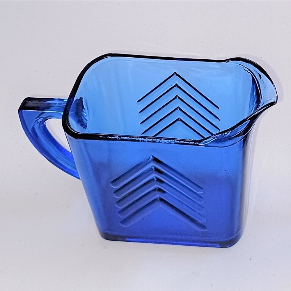 Vintage Cobalt Blue Glass Creamer or Small Pitcher with Chevron Pattern